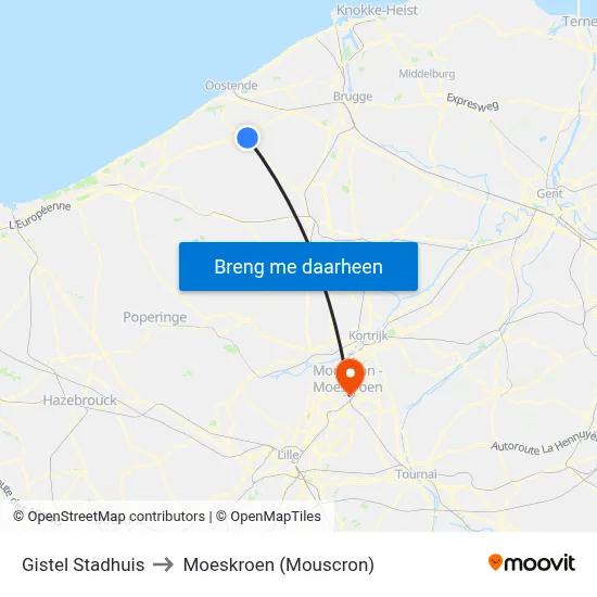 Gistel Stadhuis to Moeskroen (Mouscron) map