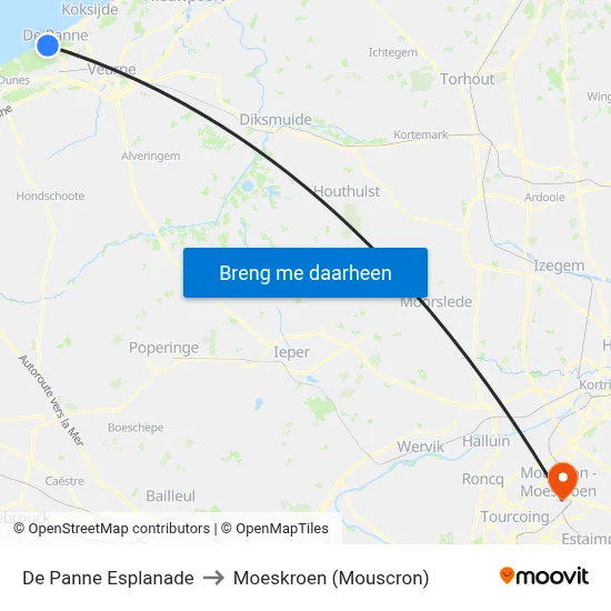 De Panne Esplanade to Moeskroen (Mouscron) map