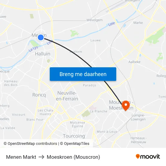 Menen Markt to Moeskroen (Mouscron) map