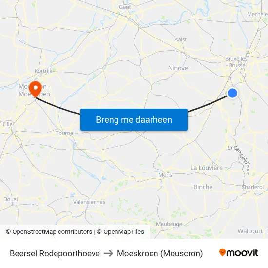 Beersel Rodepoorthoeve to Moeskroen (Mouscron) map