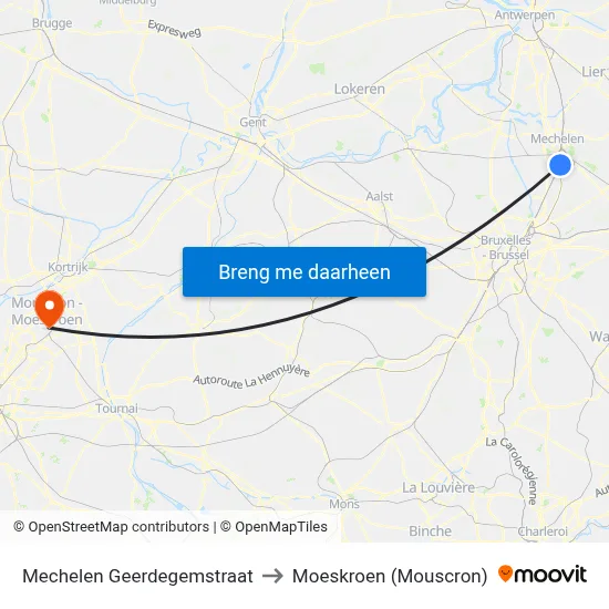 Mechelen Geerdegemstraat to Moeskroen (Mouscron) map