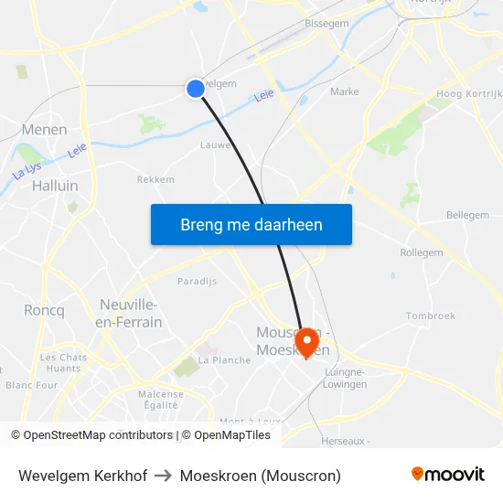 Wevelgem Kerkhof to Moeskroen (Mouscron) map