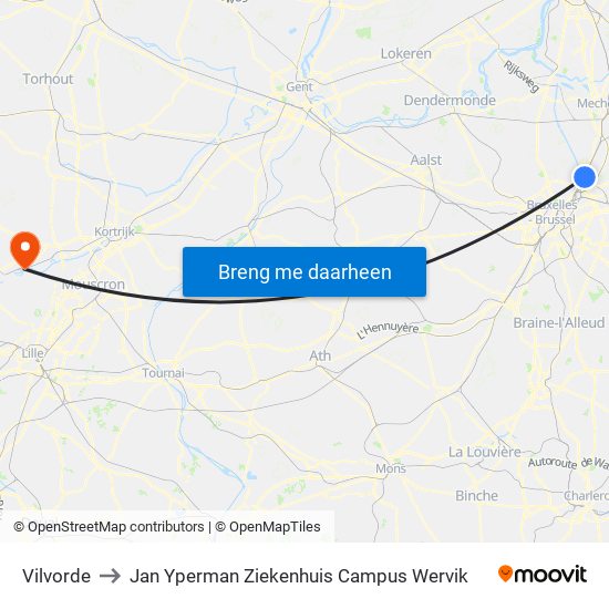 Vilvorde to Jan Yperman Ziekenhuis Campus Wervik map