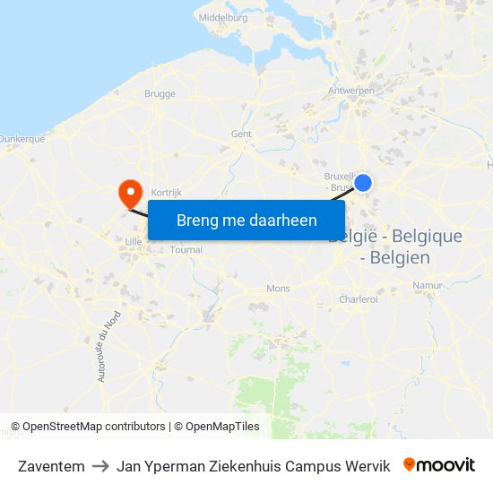 Zaventem to Jan Yperman Ziekenhuis Campus Wervik map
