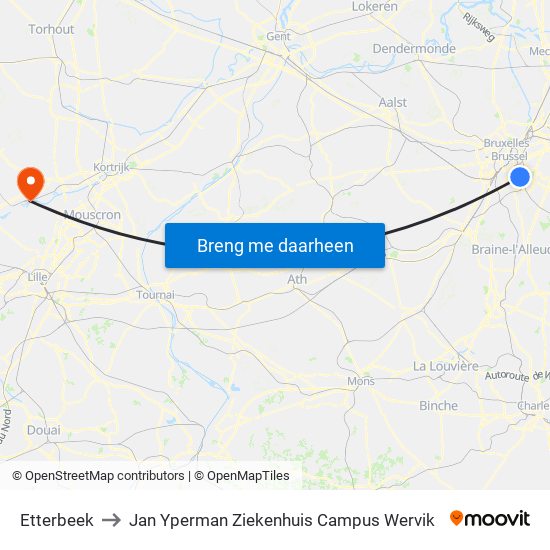 Etterbeek to Jan Yperman Ziekenhuis Campus Wervik map