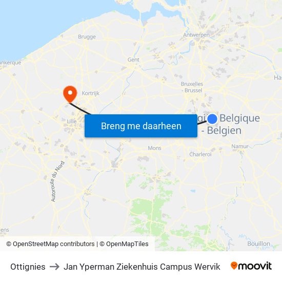 Ottignies to Jan Yperman Ziekenhuis Campus Wervik map