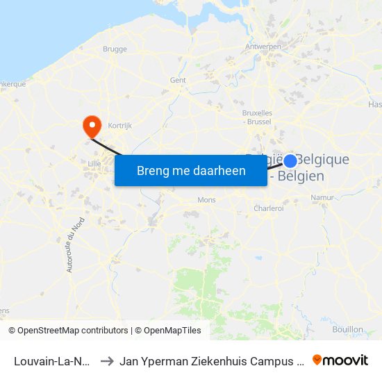 Louvain-La-Neuve to Jan Yperman Ziekenhuis Campus Wervik map