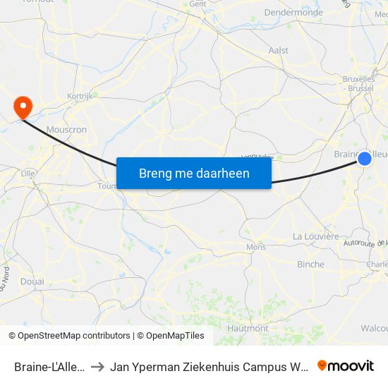 Braine-L'Alleud to Jan Yperman Ziekenhuis Campus Wervik map
