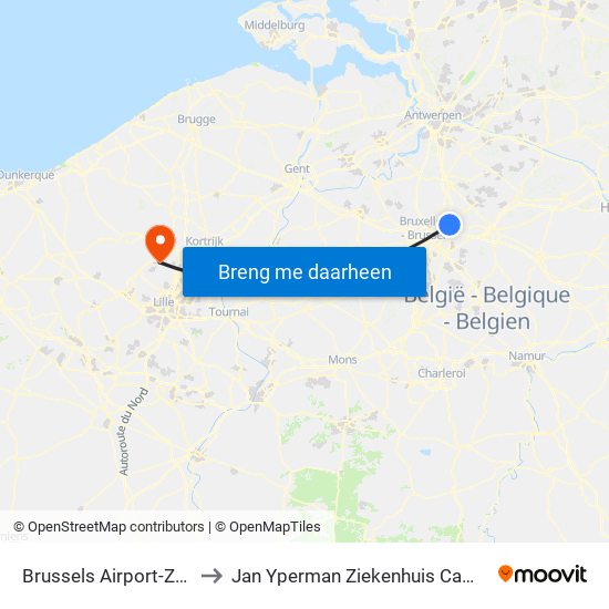 Brussels Airport-Zaventem to Jan Yperman Ziekenhuis Campus Wervik map