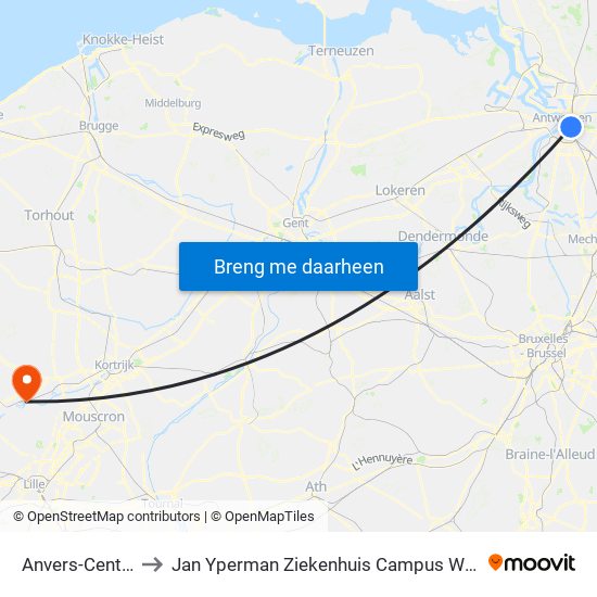 Anvers-Central to Jan Yperman Ziekenhuis Campus Wervik map