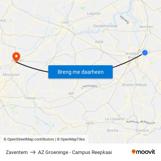 Zaventem to AZ Groeninge - Campus Reepkaai map