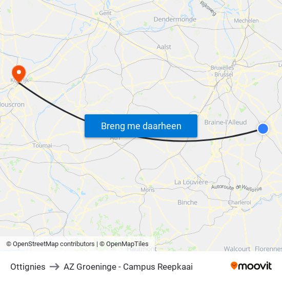 Ottignies to AZ Groeninge - Campus Reepkaai map