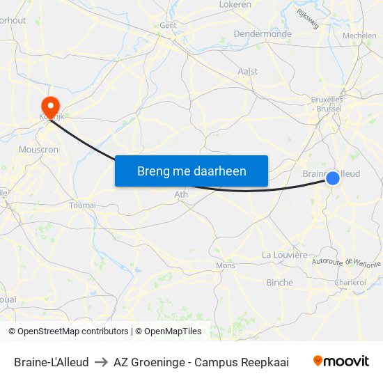 Braine-L'Alleud to AZ Groeninge - Campus Reepkaai map
