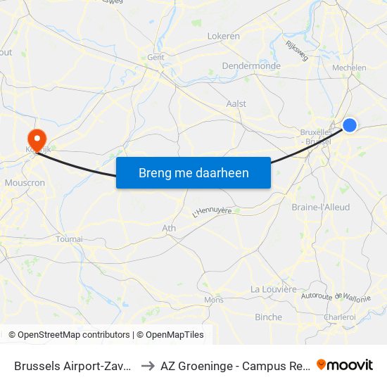 Brussels Airport-Zaventem to AZ Groeninge - Campus Reepkaai map