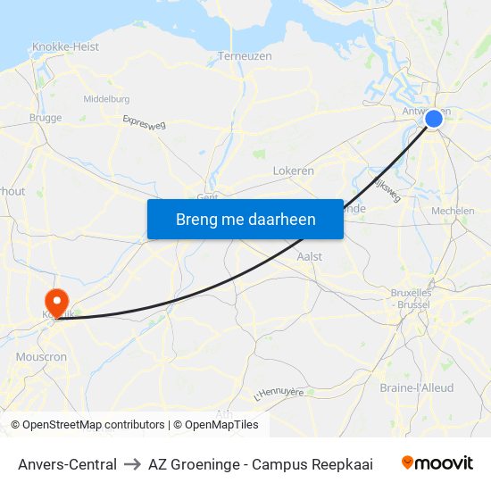 Anvers-Central to AZ Groeninge - Campus Reepkaai map