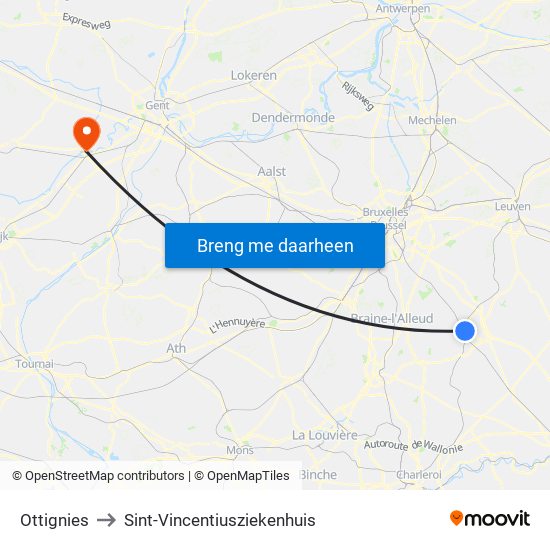 Ottignies to Sint-Vincentiusziekenhuis map