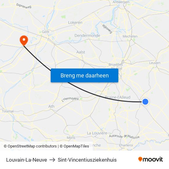 Louvain-La-Neuve to Sint-Vincentiusziekenhuis map
