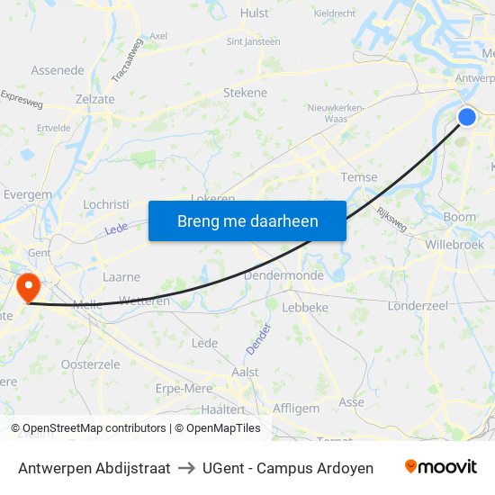 Antwerpen Abdijstraat to UGent - Campus Ardoyen map