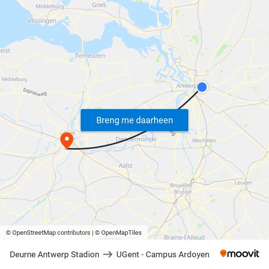 Deurne Antwerp Stadion to UGent - Campus Ardoyen map
