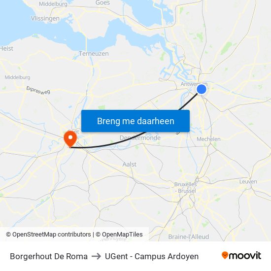 Borgerhout De Roma to UGent - Campus Ardoyen map