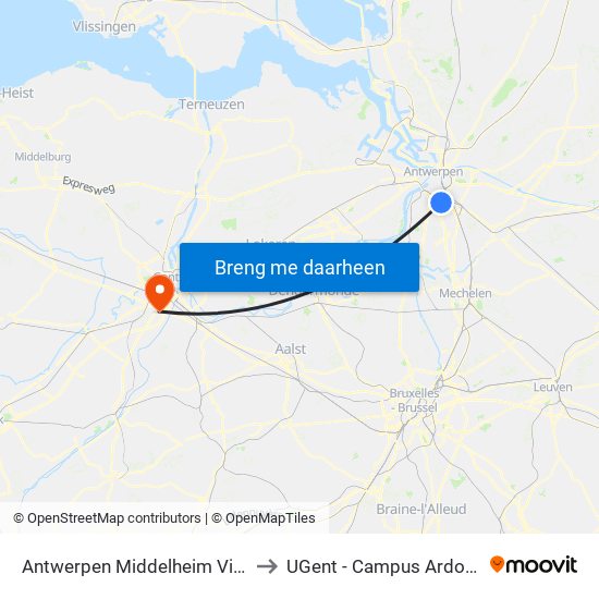 Antwerpen Middelheim Vijver to UGent - Campus Ardoyen map
