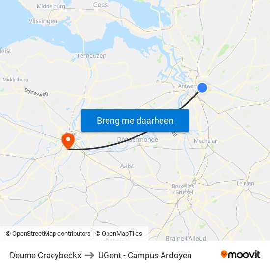 Deurne Craeybeckx to UGent - Campus Ardoyen map
