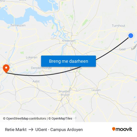 Retie Markt to UGent - Campus Ardoyen map