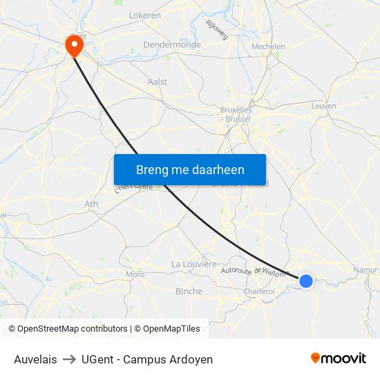 Auvelais to UGent - Campus Ardoyen map