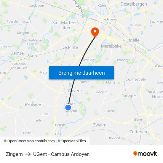 Zingem to UGent - Campus Ardoyen map