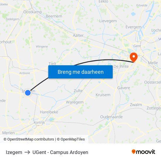 Izegem to UGent - Campus Ardoyen map