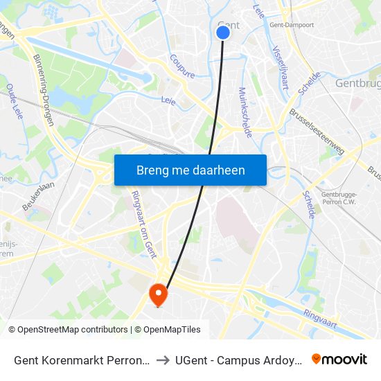 Gent Korenmarkt Perron 4 to UGent - Campus Ardoyen map