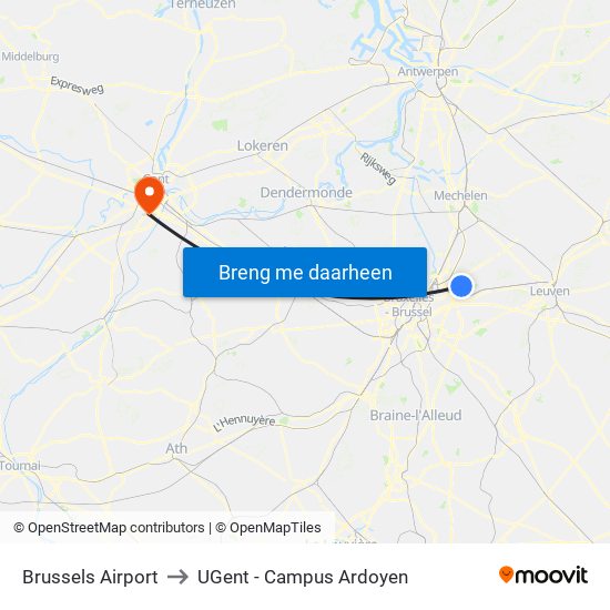 Brussels Airport to UGent - Campus Ardoyen map