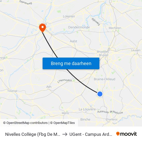 Nivelles Collège (Fbg De Mons) to UGent - Campus Ardoyen map