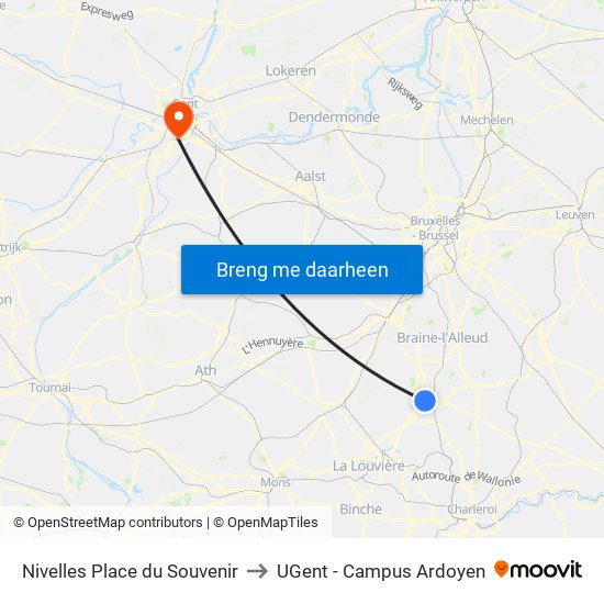 Nivelles Place du Souvenir to UGent - Campus Ardoyen map