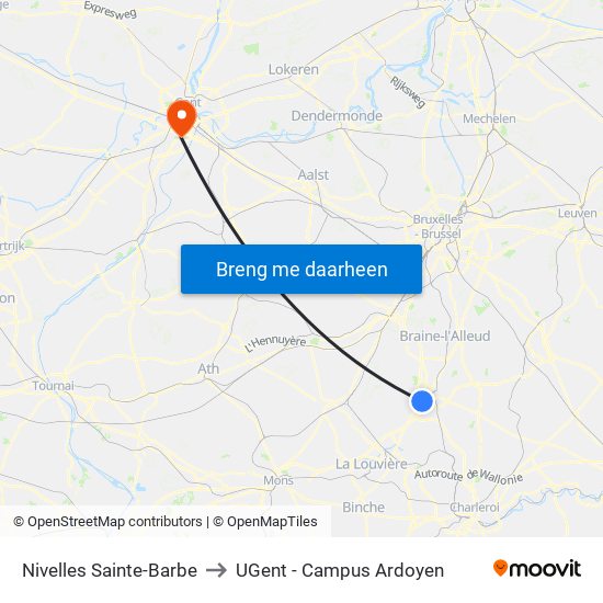 Nivelles Sainte-Barbe to UGent - Campus Ardoyen map
