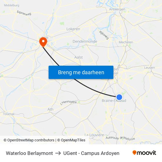 Waterloo Berlaymont to UGent - Campus Ardoyen map