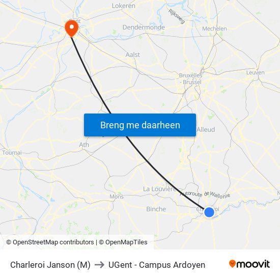 Charleroi Janson (M) to UGent - Campus Ardoyen map