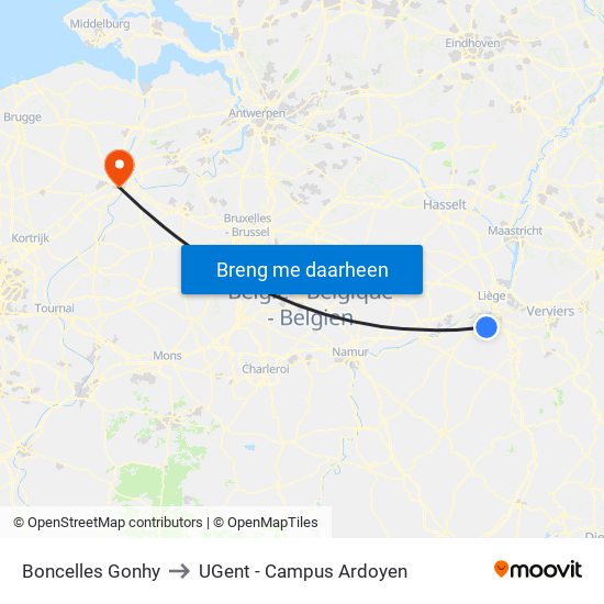 Boncelles Gonhy to UGent - Campus Ardoyen map