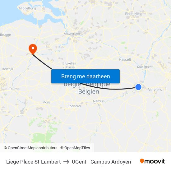 Liege Place St-Lambert to UGent - Campus Ardoyen map