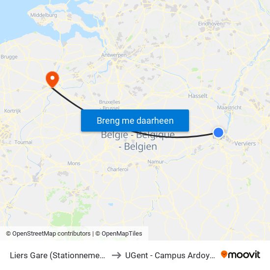 Liers Gare (Stationnement) to UGent - Campus Ardoyen map