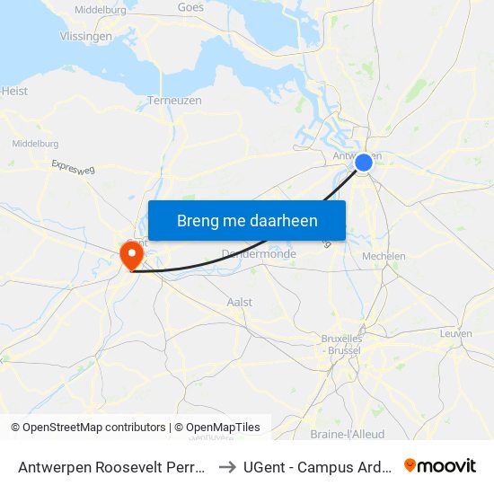 Antwerpen Roosevelt Perron A2 to UGent - Campus Ardoyen map