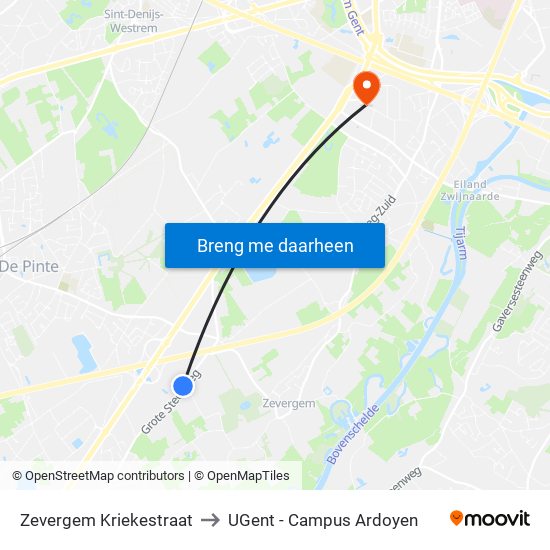 Zevergem Kriekestraat to UGent - Campus Ardoyen map