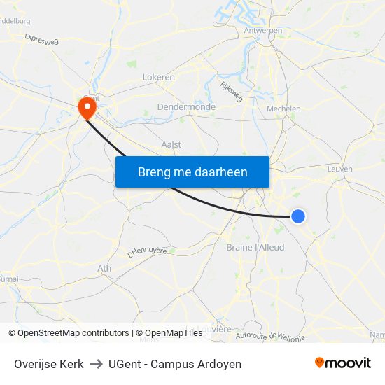 Overijse Kerk to UGent - Campus Ardoyen map