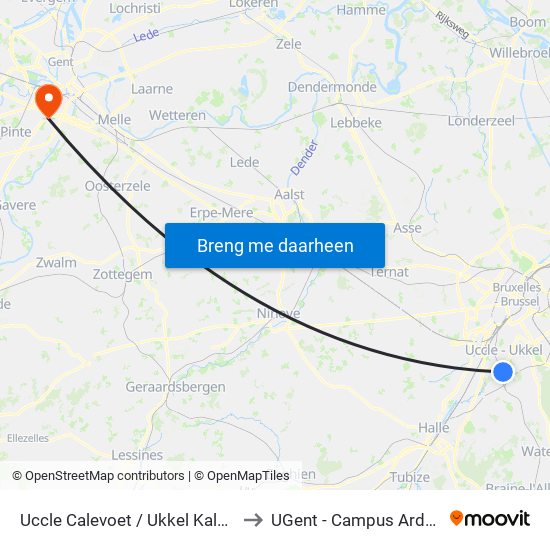 Uccle Calevoet / Ukkel Kalevoet to UGent - Campus Ardoyen map