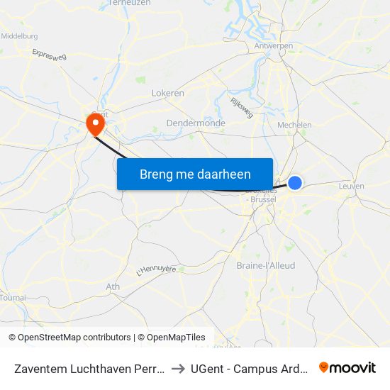 Zaventem Luchthaven Perron A to UGent - Campus Ardoyen map