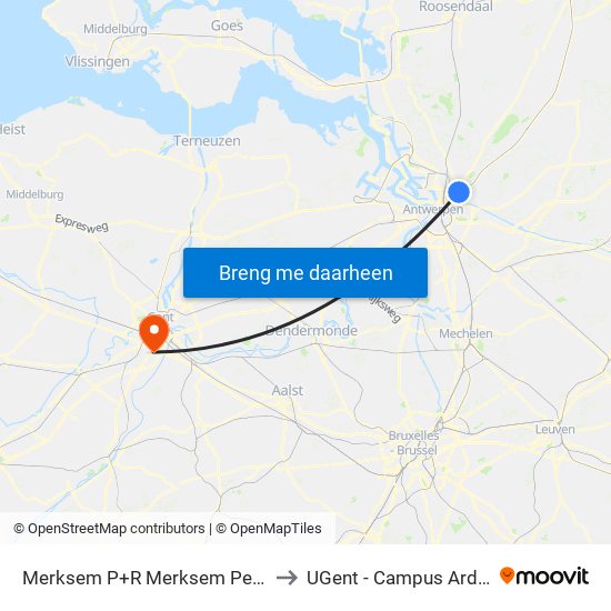 Merksem P+R Merksem Perron 2 to UGent - Campus Ardoyen map