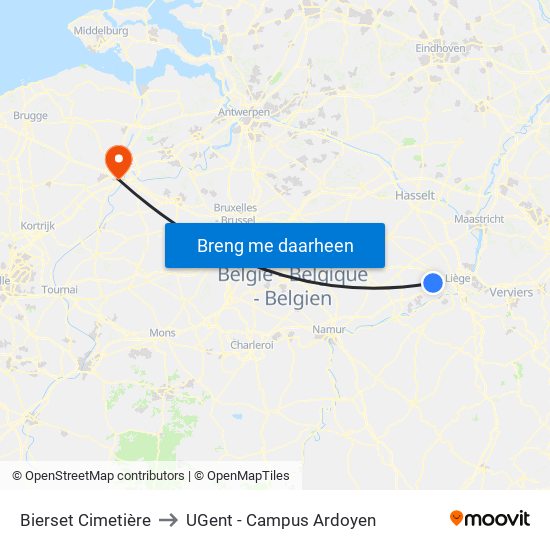 Bierset Cimetière to UGent - Campus Ardoyen map