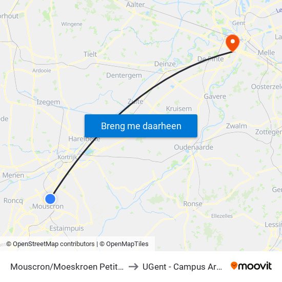 Mouscron/Moeskroen Petit Cornil to UGent - Campus Ardoyen map