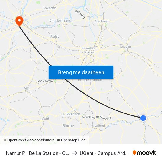Namur Pl. De La Station - Quai E to UGent - Campus Ardoyen map