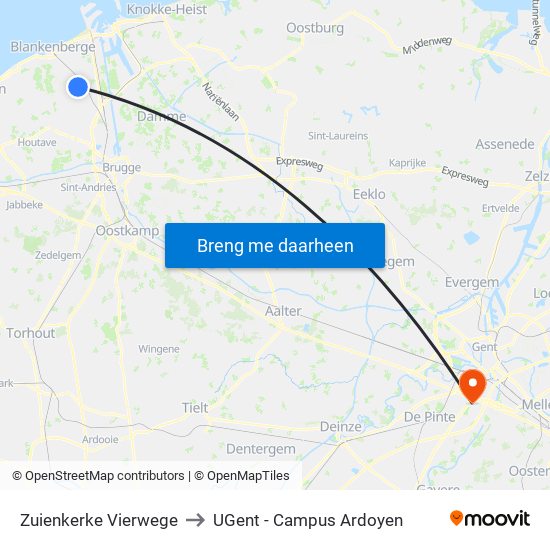 Zuienkerke Vierwege to UGent - Campus Ardoyen map